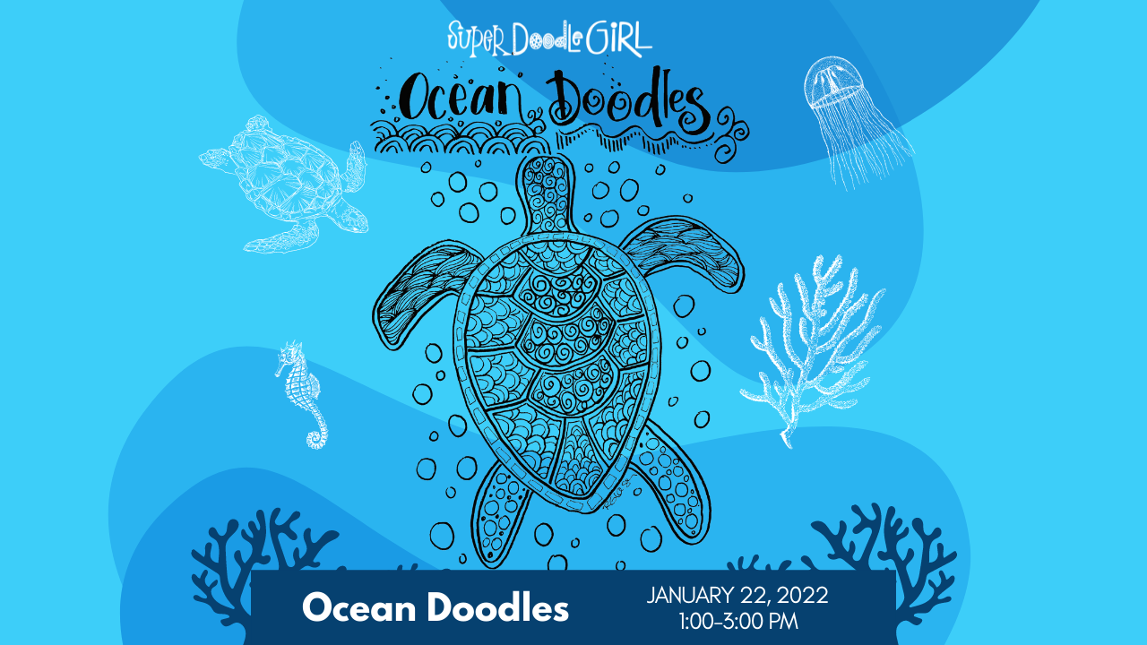 Sea Turtle Doodle Illustration in black on turquoise blue background with bubbles